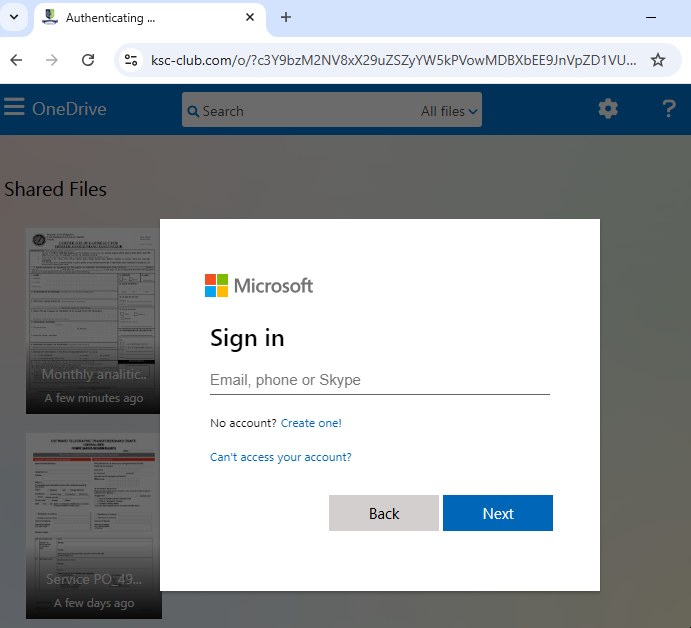 Fake Microsoft login at www. kcs-club .com