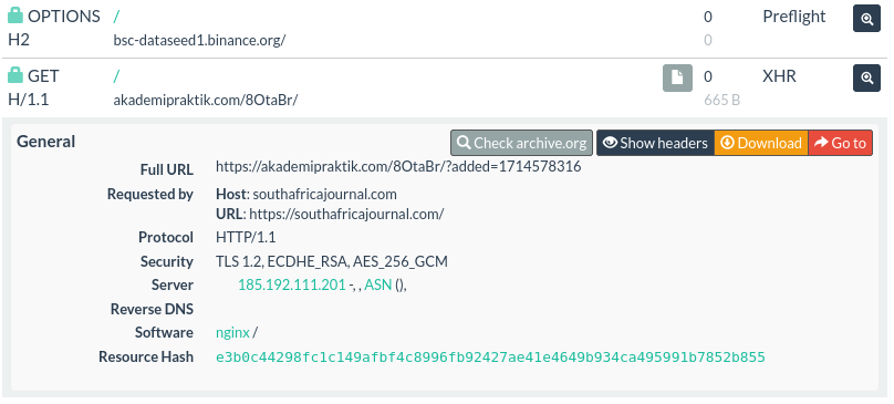 Example of urlscan.io transcation