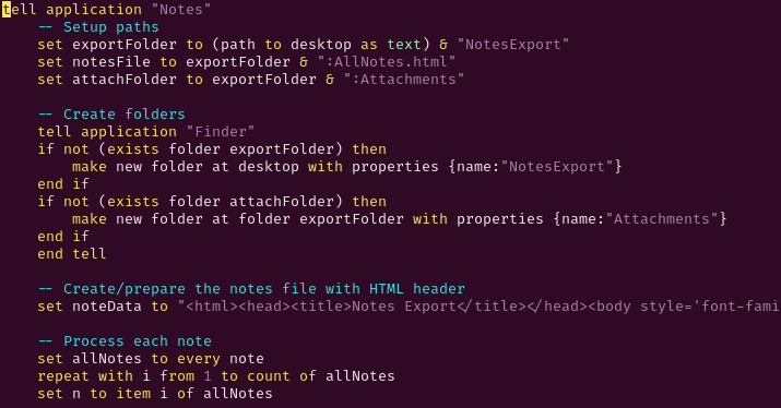 upper portion of notes export
