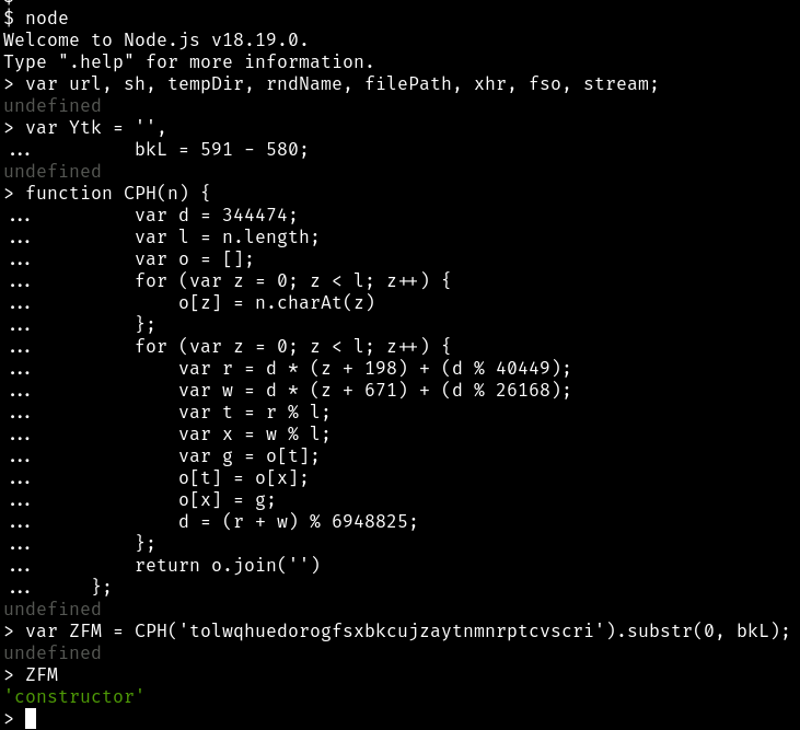 manually using node to execute portions of malware